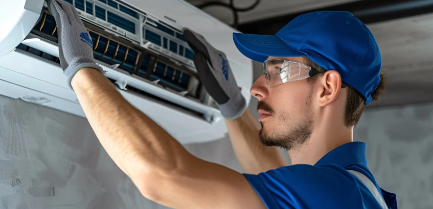 AC technician with multimeter