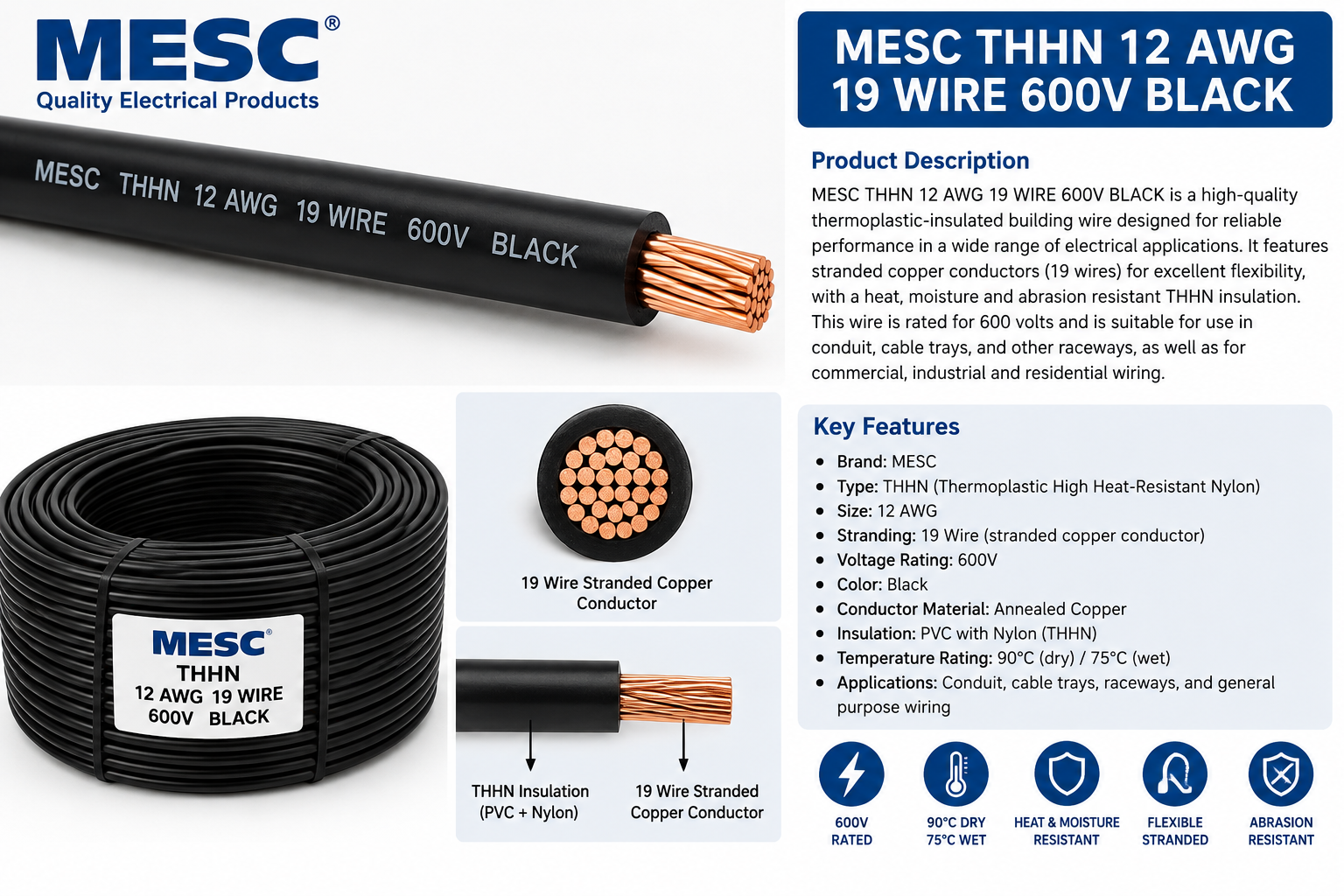 MESC THHN 12 AWG 19 WIRE 600V BLACK  CABLES/WIRES